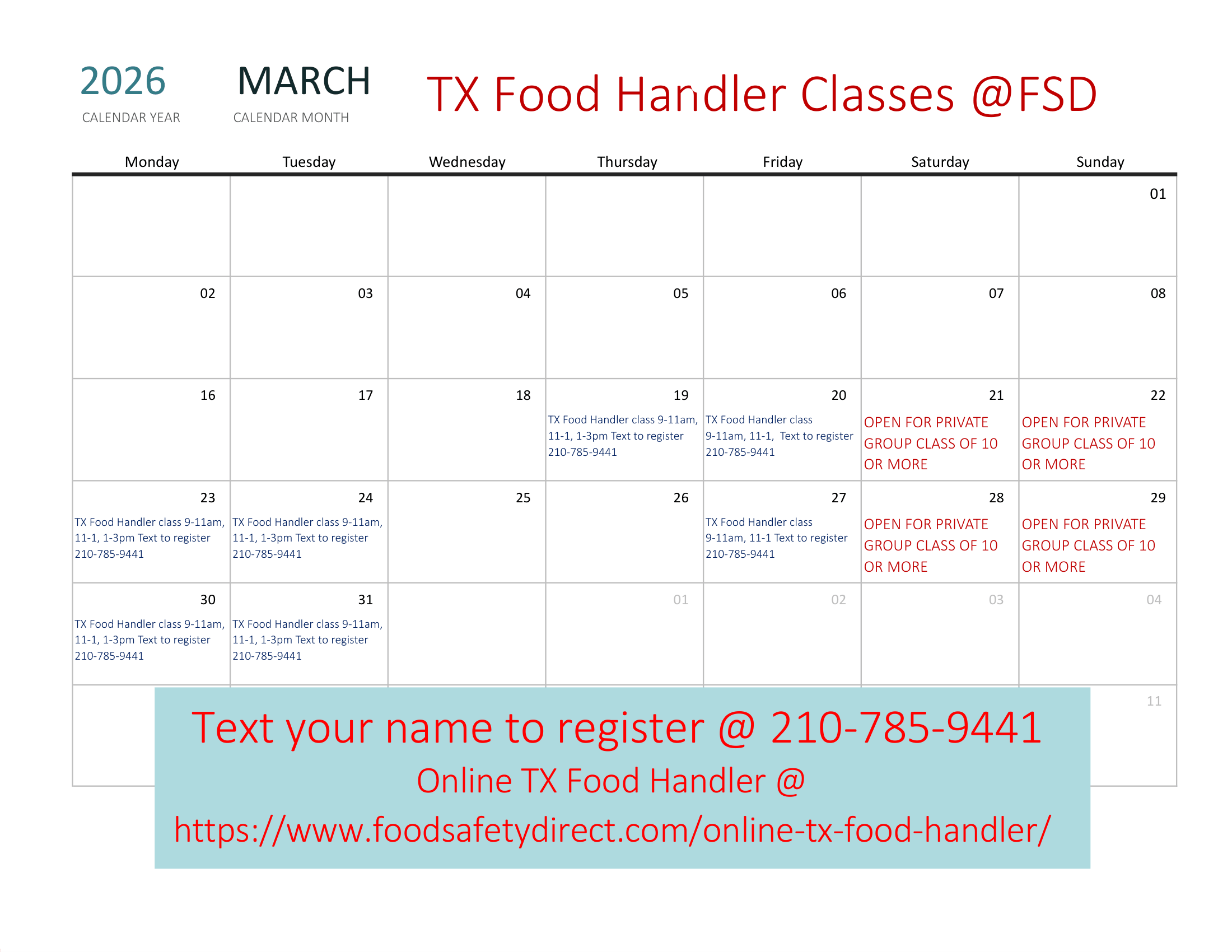 March Food Handler Classes
