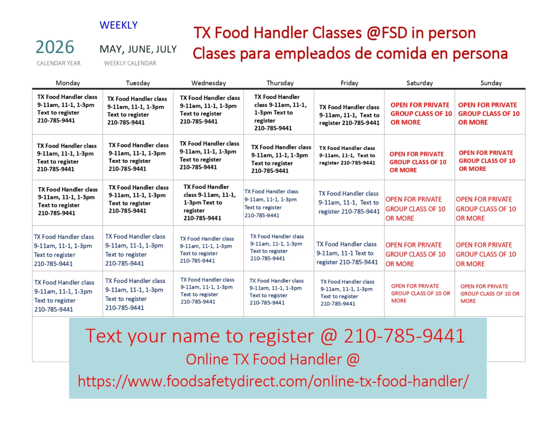 Weekly Food Handler Classes